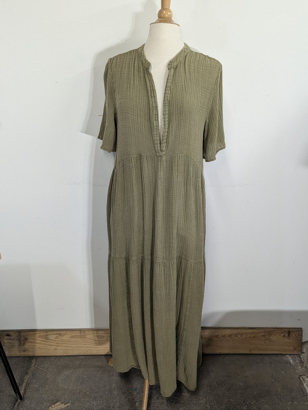 Anthropologie Olive Green Deep V-Neck Tiered Maxi Dress Cotton Gauze L - Picture 7 of 15